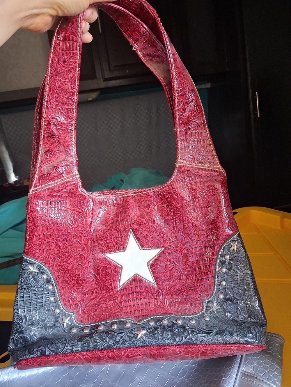 Women's Red Floral Embossed Shoulder Bag